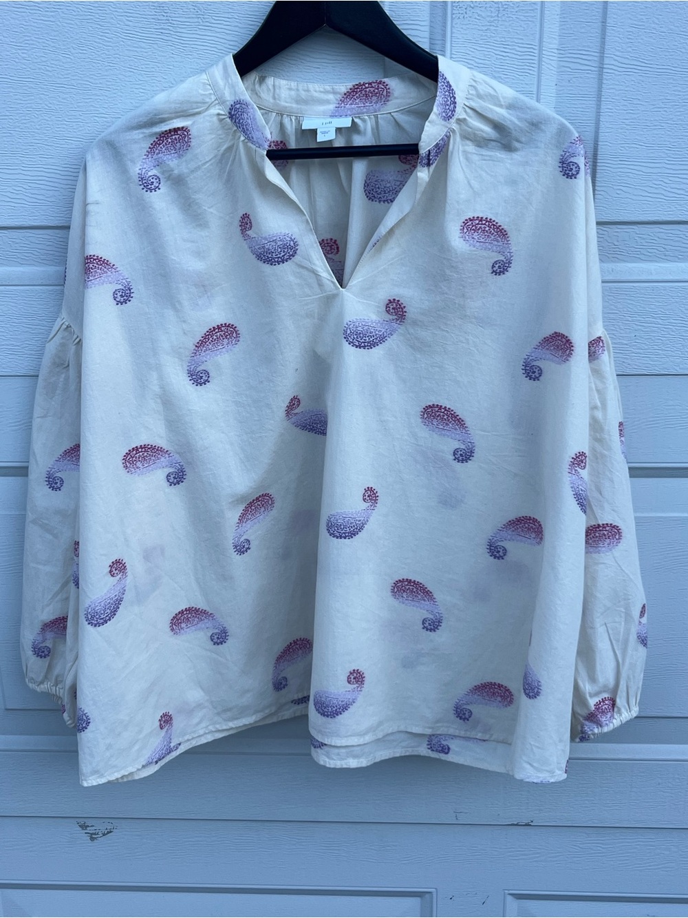 J. Jill Paisley Blouse Women’s M Ivory Blue Split Neck Boho Relaxed Fit